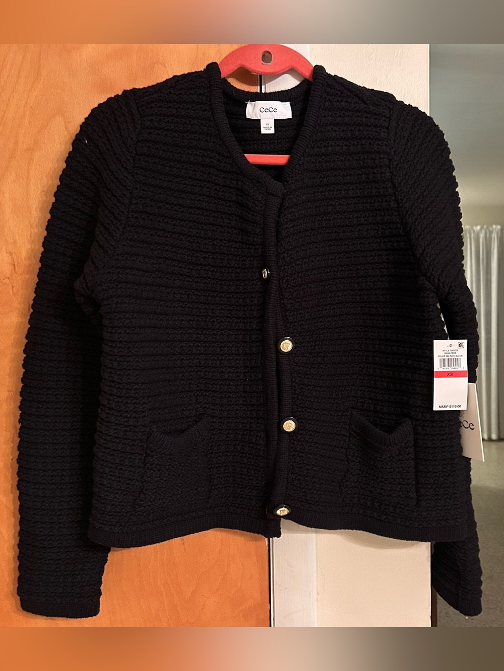 CeCe Black Textured Button Front Cardigan Sweater